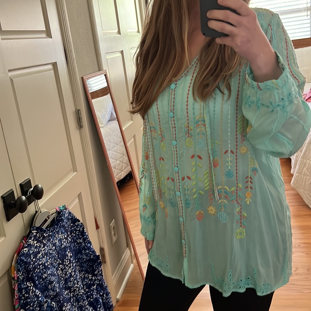 Johnny Was Aqua Embroidered tunic top large - Picture 6 of 16